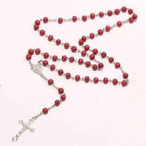 Religious Red Wooden Rosary Beads Cross Necklace